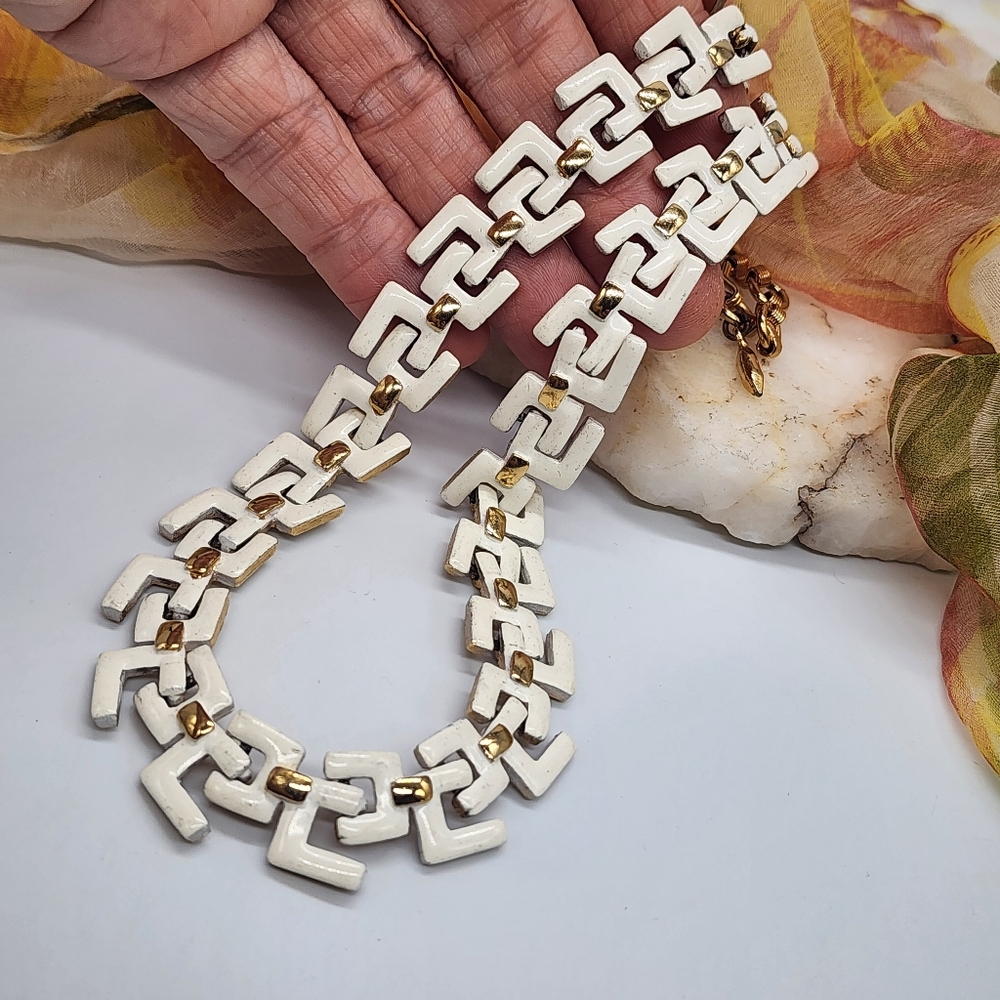 Gold Necklace Statement Gold Greek Key White Enamel Link Chain Chunky Bold - Picture 9 of 13